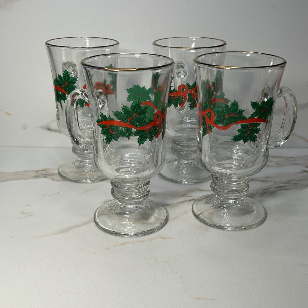 Vintage Christmas Holly Ribbon Irish Coffee Mugs Gold Rim Footed Glass Set of 4